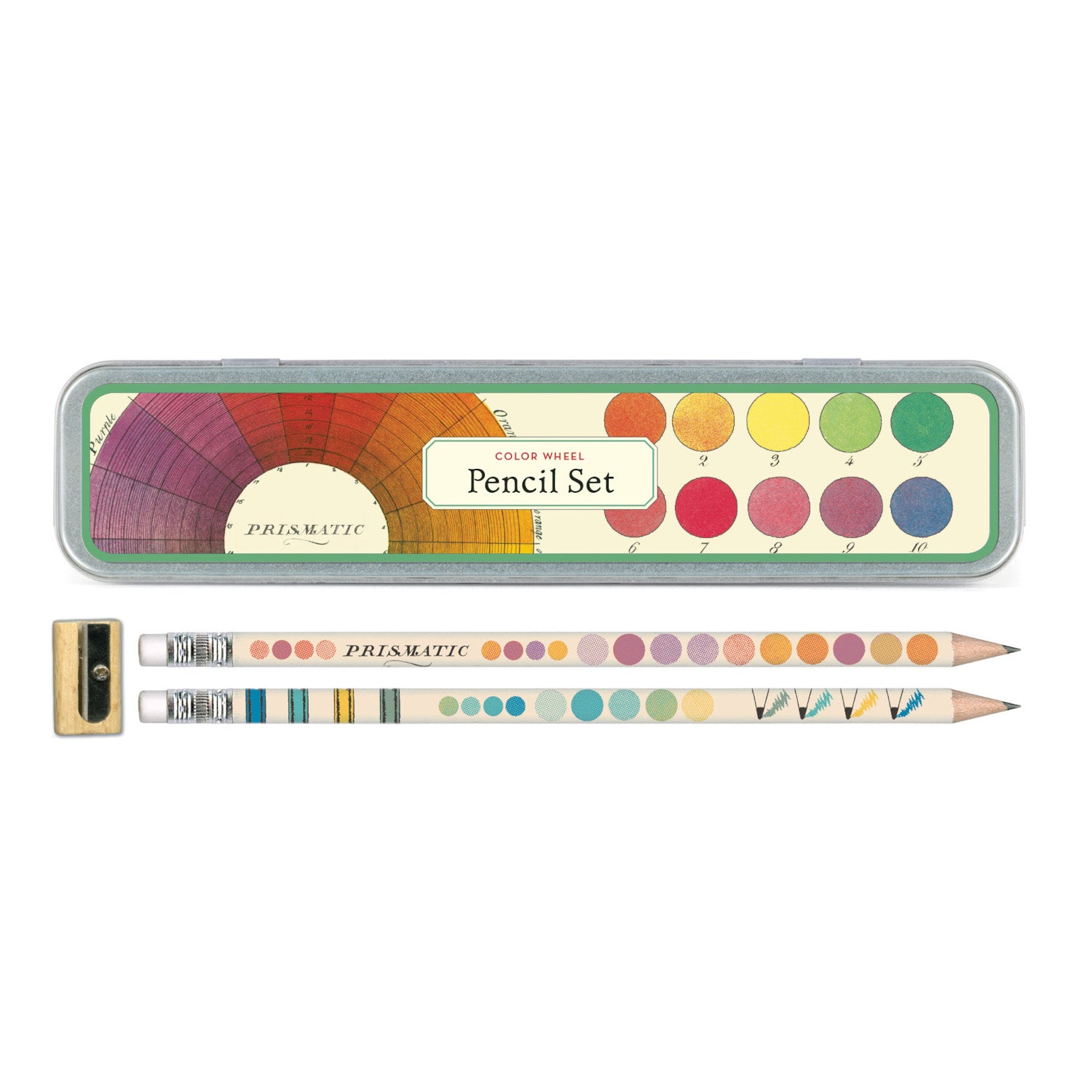 The Color Wheel Pencil Set tin and two pencils and a sharpener underneath.