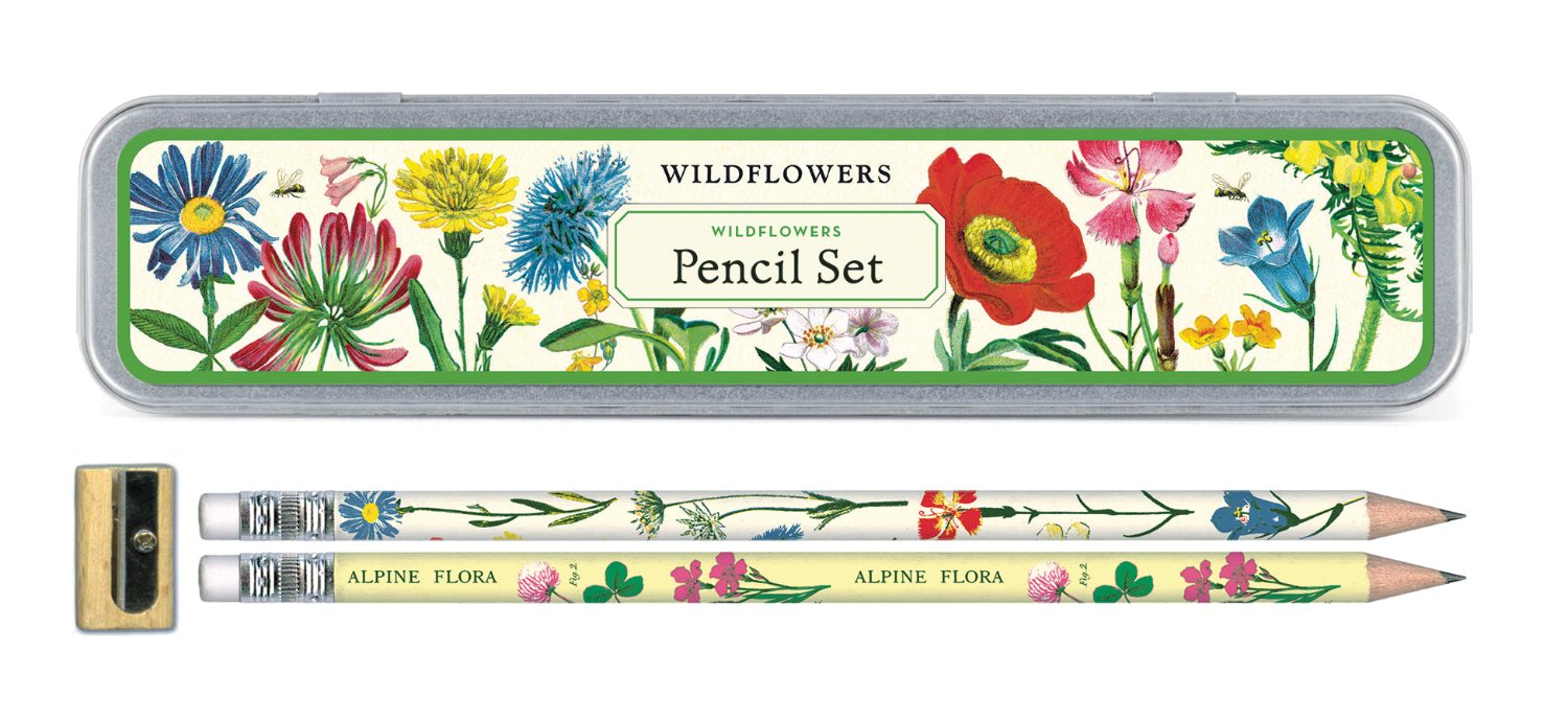 Wildflowers pencils set box with 2 pencils below and a small pencil sharpener