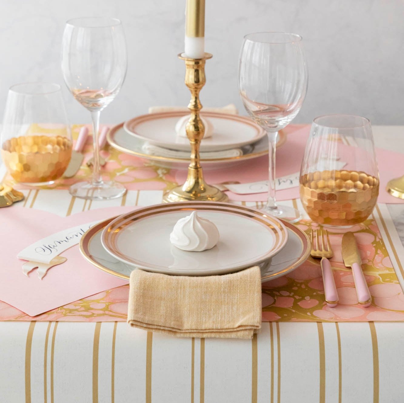 Antique Gold Stripe Runner under an elegant table setting with the Pink Heart and Gold &amp; Pink Marble Placemat.