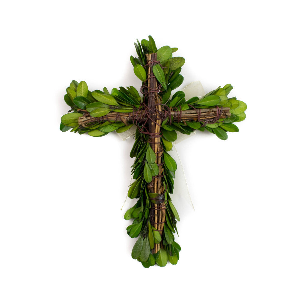 Preserved Boxwood Mini Cross with Ribbon