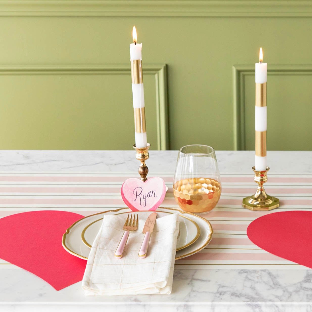 A romantic table setting featuring the Die-cut Heart Placemat and Heart Place Card