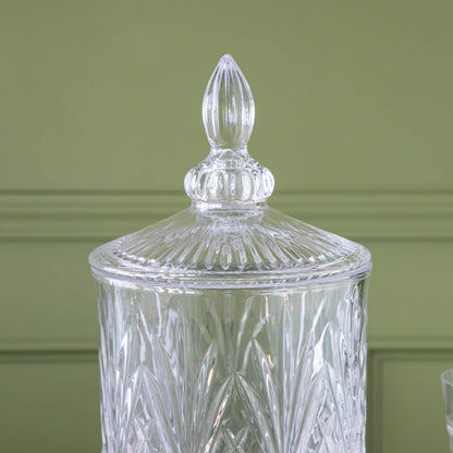 A close up of the Dublin Glass Beverage Dispenser lid showing its elegant crystal cut details.