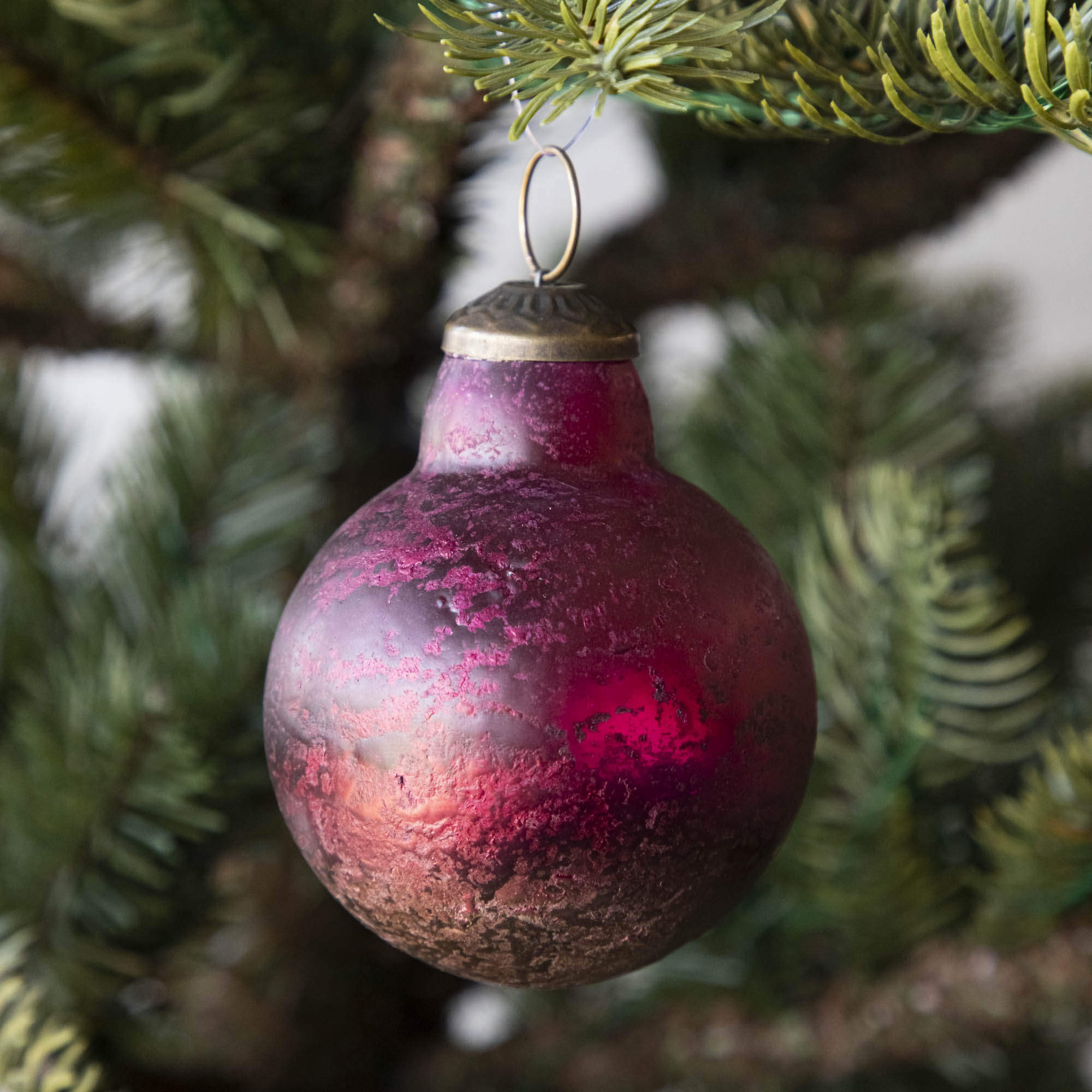 Red Kugel Ornament hanging in a tree