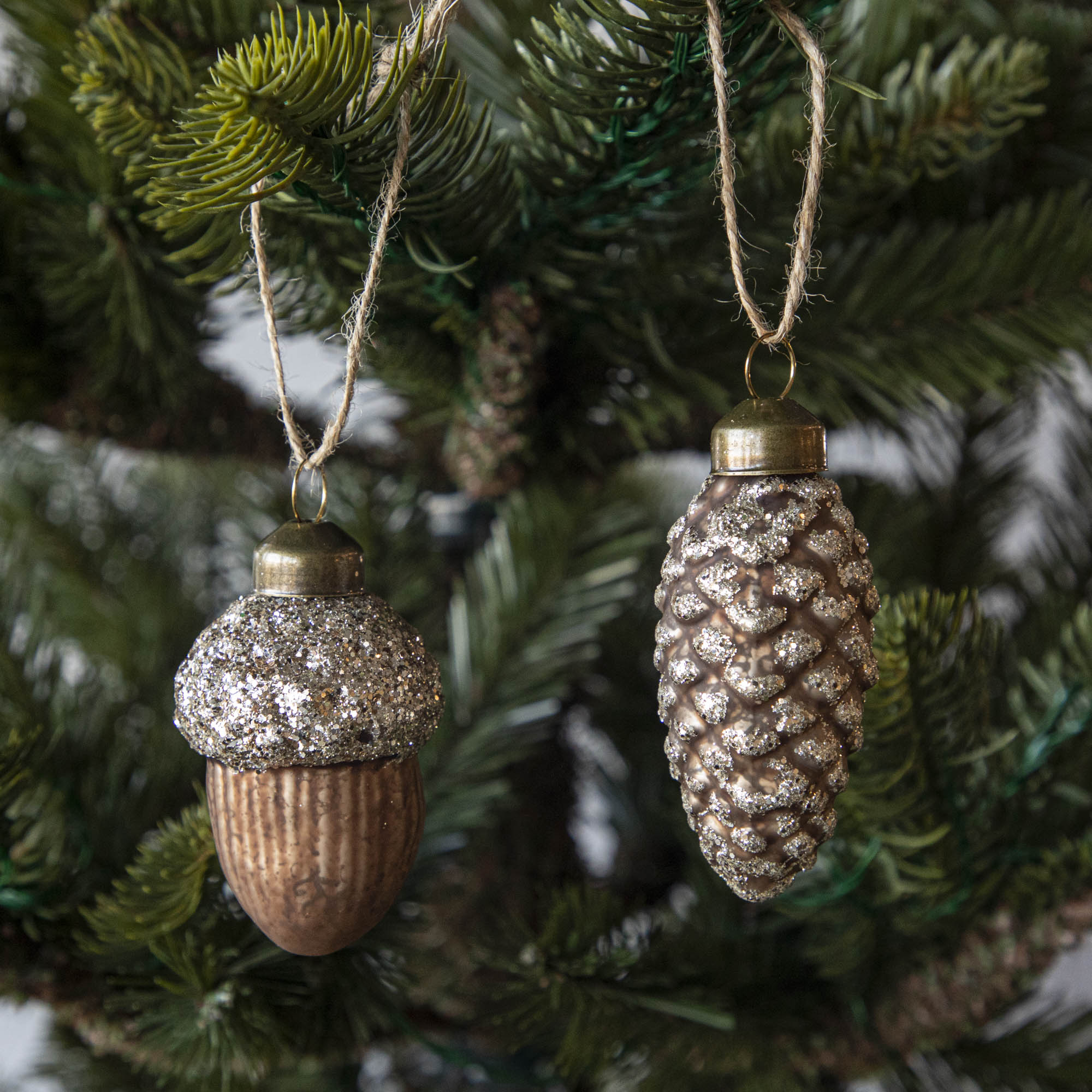 Close up of Acorn &amp; Pinecone shaped ornaments in a tree