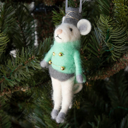 Felt Mouse Ornament with Green band jacket on and a grey hat handing in a Christmas Tree