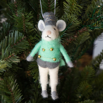 Felt Mouse Ornament with green band jacket on and a grey hat handing in a Christmas Tree