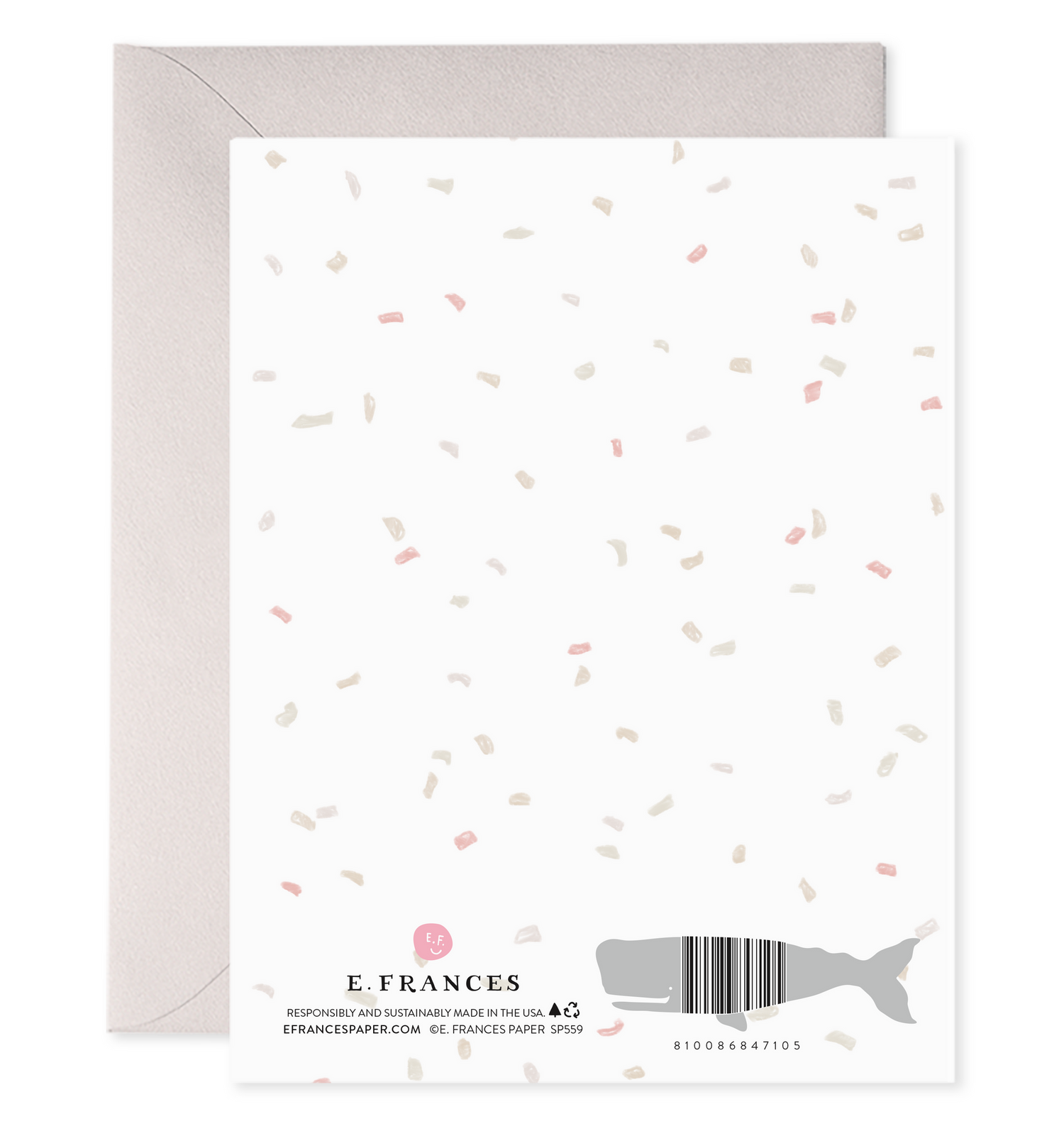 back of card with illustration o f confetti