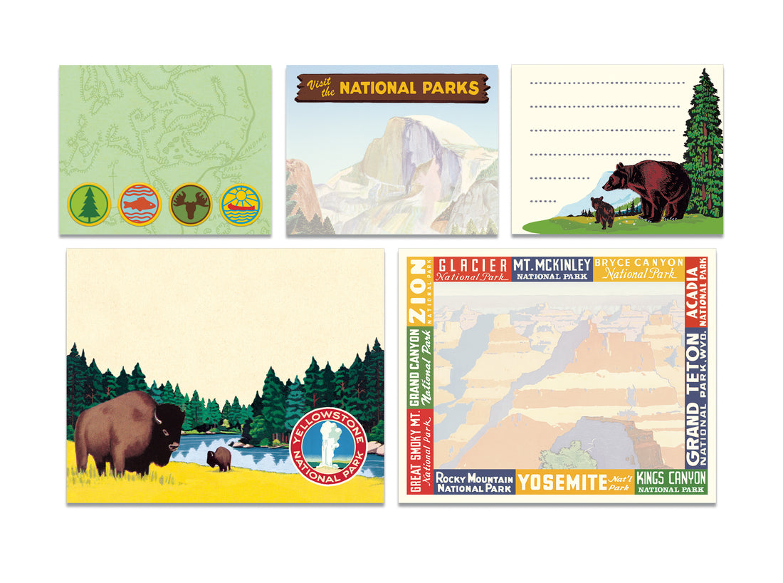 A collection of Cavallini Papers &amp; Co National Parks Sticky Notes with various designs and illustrations.