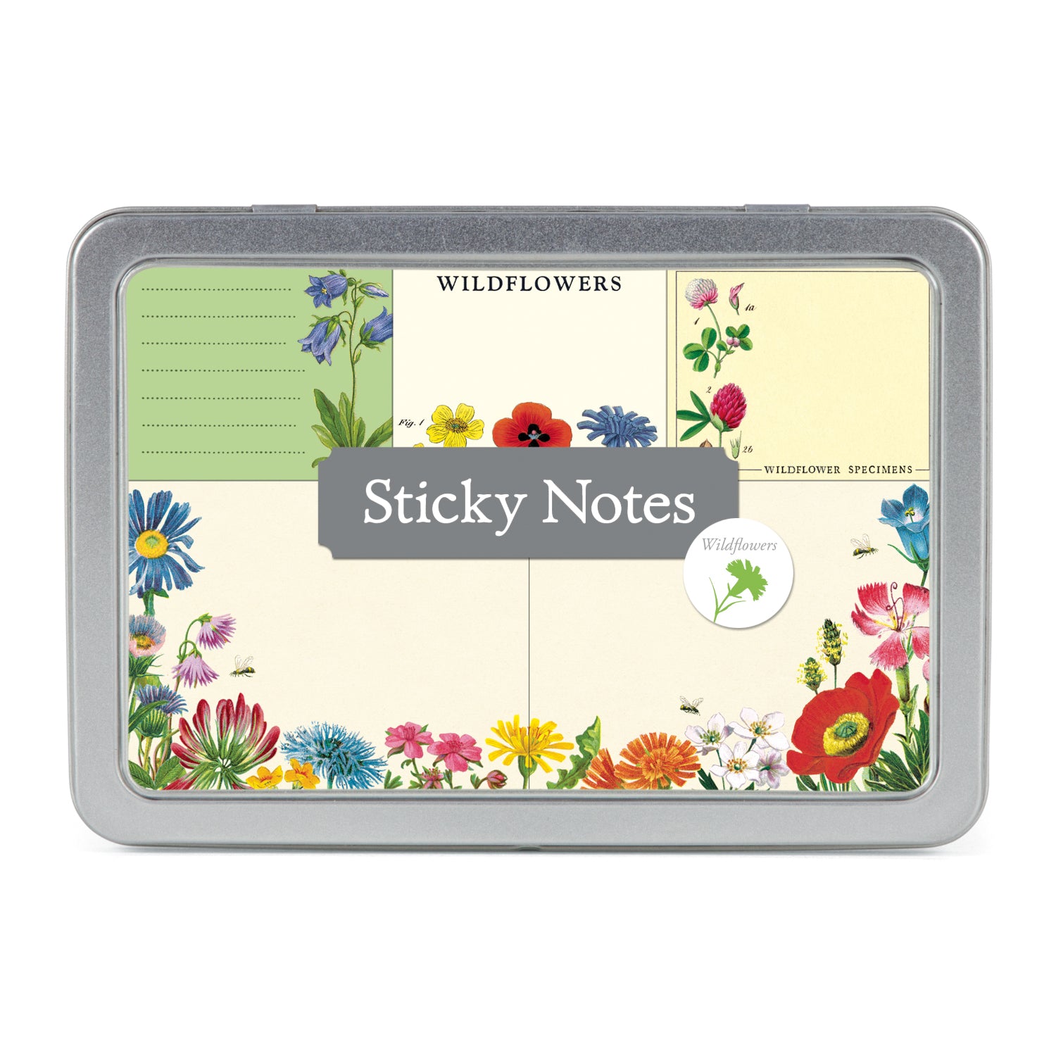 A tin box with Cavallini Papers &amp; Co Wildflowers Sticky Notes, featuring various wildflower illustrations, perfect for reminders and page markers.