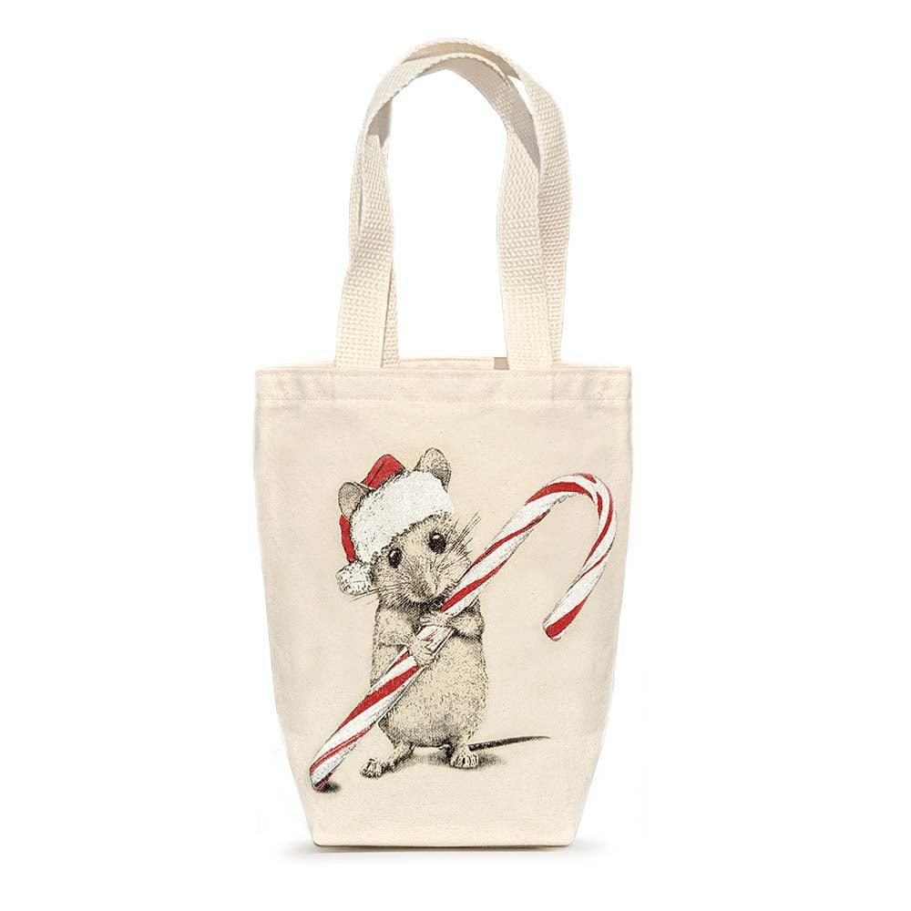 Canvas tote bag with an image of a mouse with a Santa hat on holding a candy cane