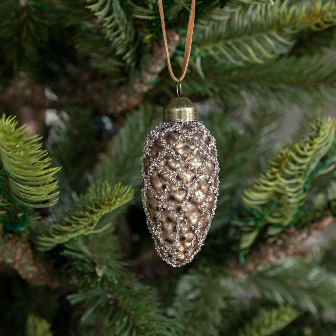 Brown Pinecone Shaped Ornament with Silver Glitter