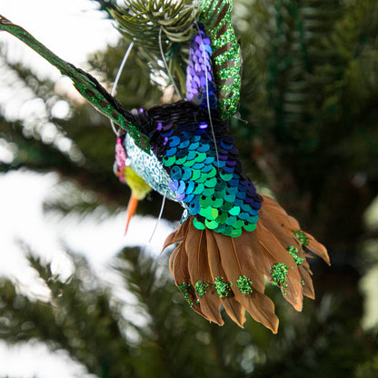 close up of tail feathers on the sequin hummingbird ornament