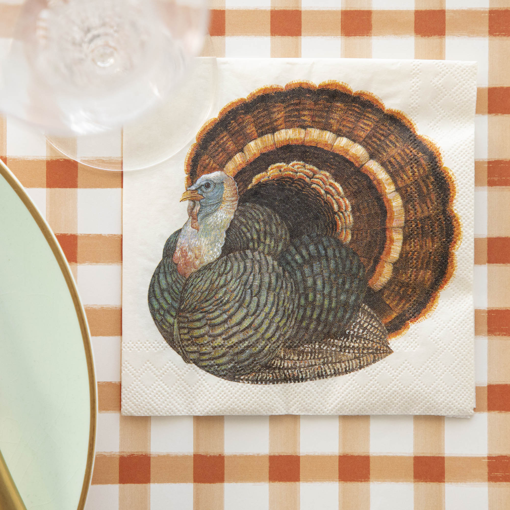 A Heritage Turkey Cocktail Napkin under a stemmed glass in a Thanksgiving place setting, from above.