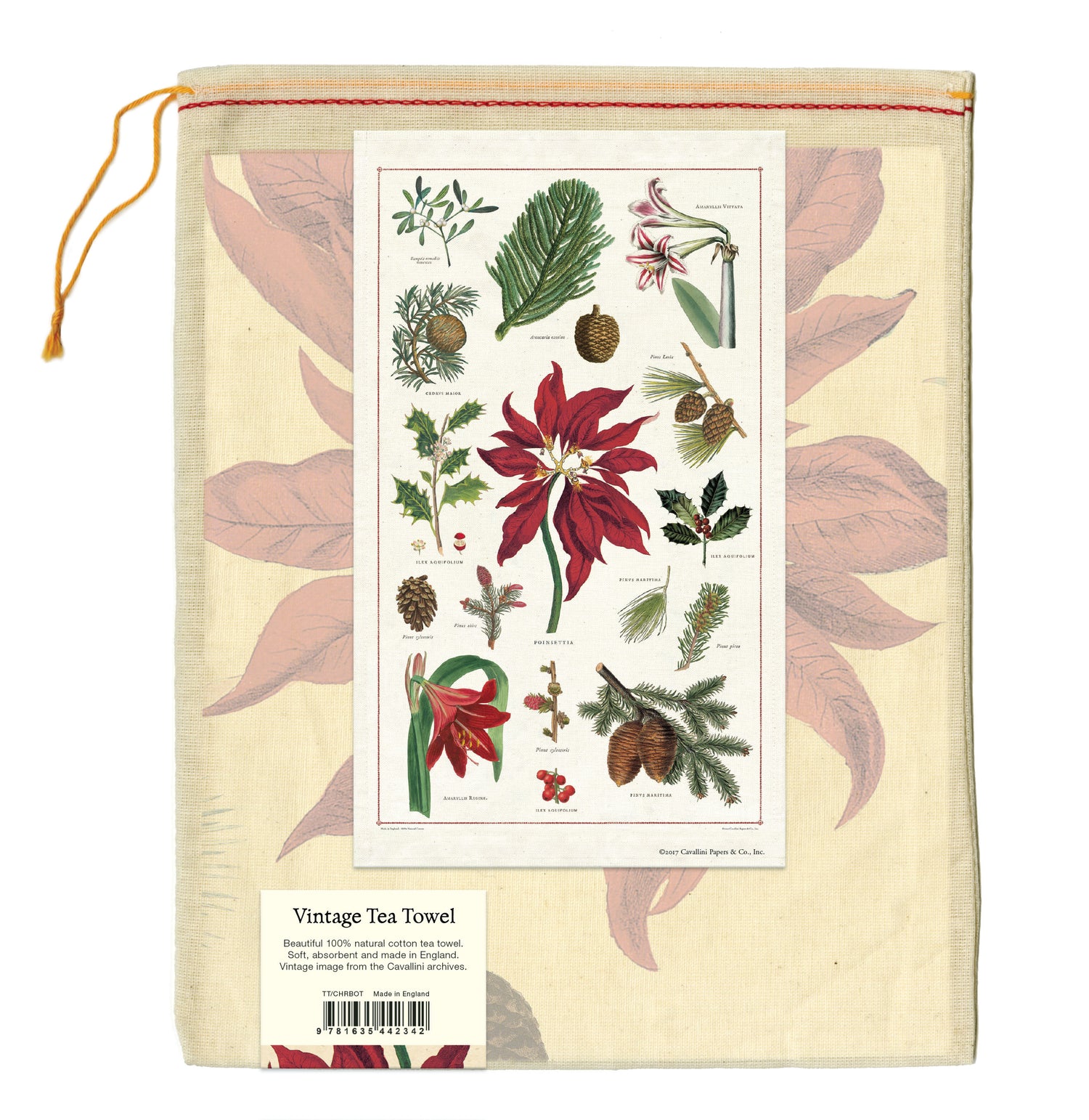 The back of the Botanical Christmas tea towel set of 4, packaged in a drawstring muslin bag, featuring the image of the tea towel.