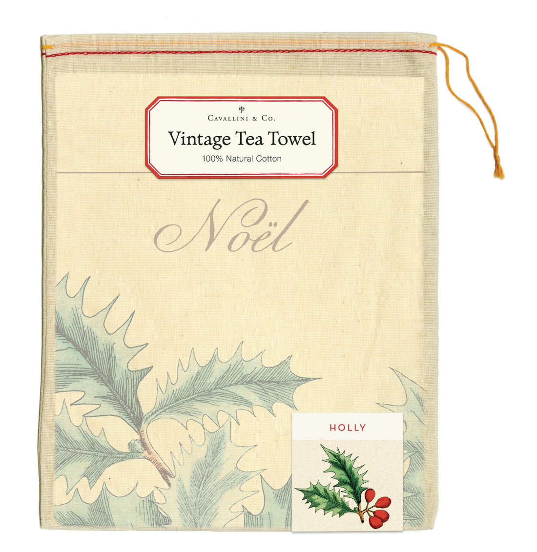 The Cavallini Holly Tea Towel packaged in a drawstring muslin bag.