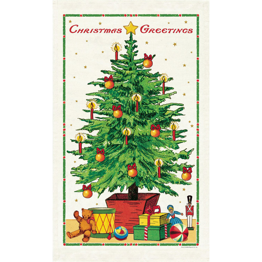 Tea Towel with Christmas Tree printed on it with various gifts under it