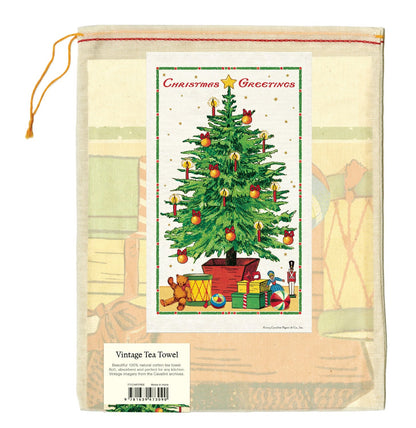 Back of linen bag with Christmas Tree Tea Towel in it