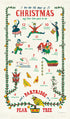 An English Twelve Days of Christmas tea towel featuring a festive illustration of a Christmas tree, crafted with natural cotton by Cavallini Papers & Co.