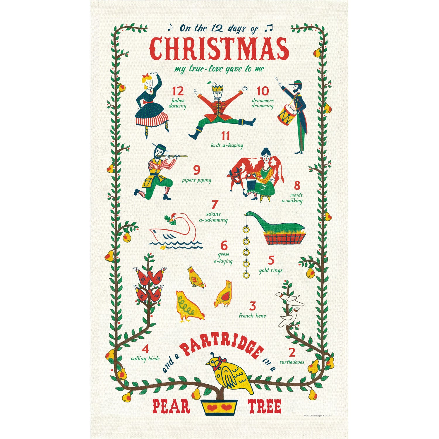 An English Twelve Days of Christmas tea towel featuring a festive illustration of a Christmas tree, crafted with natural cotton by Cavallini Papers &amp; Co.