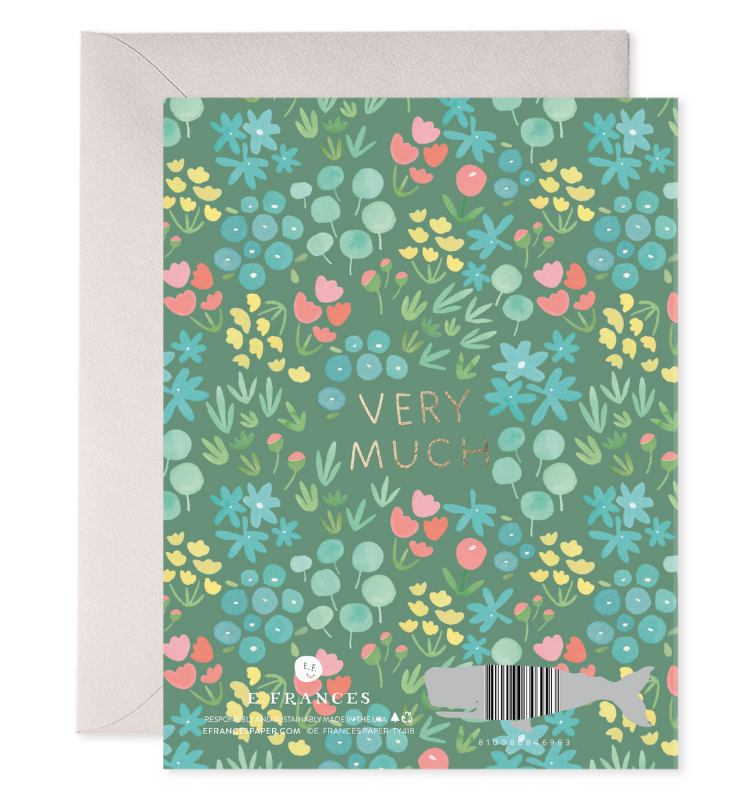 Green card with various illustrated flowers on it with very much printed in gold foil