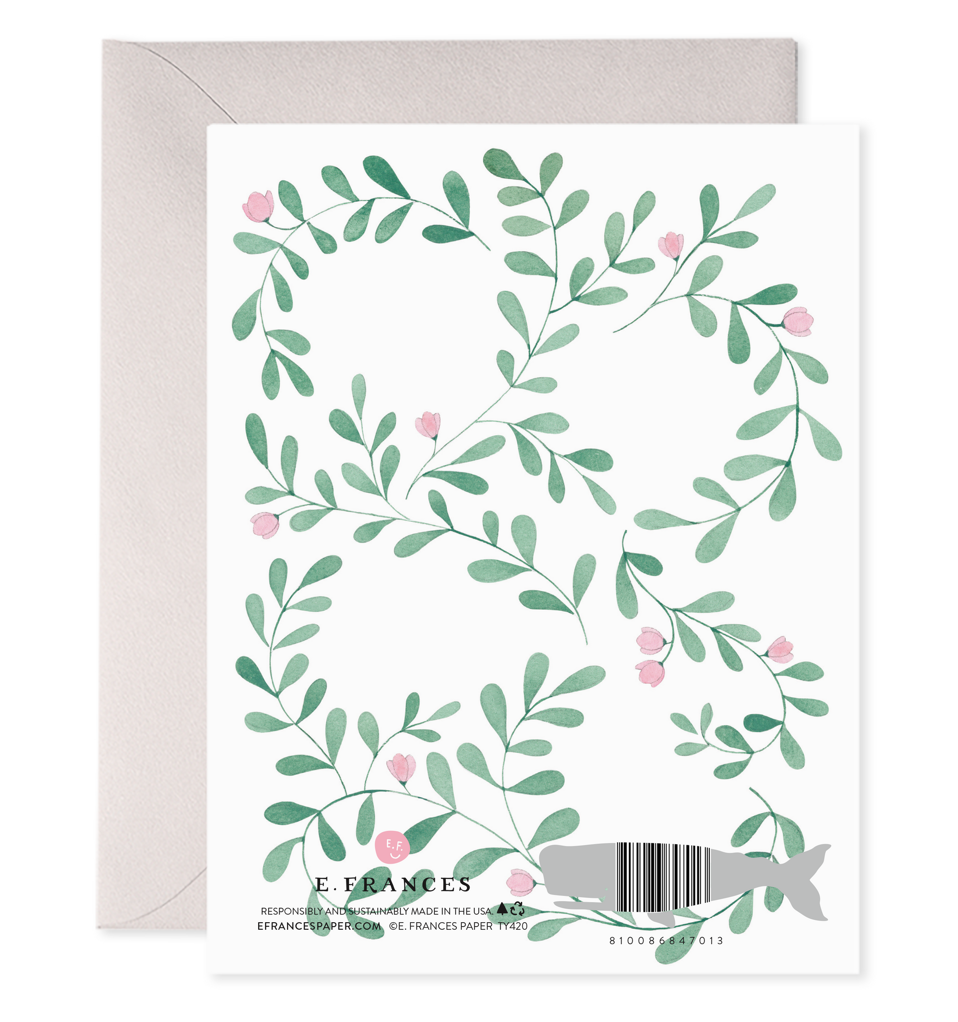 back of card with illustration of greenery with small pink flowers 