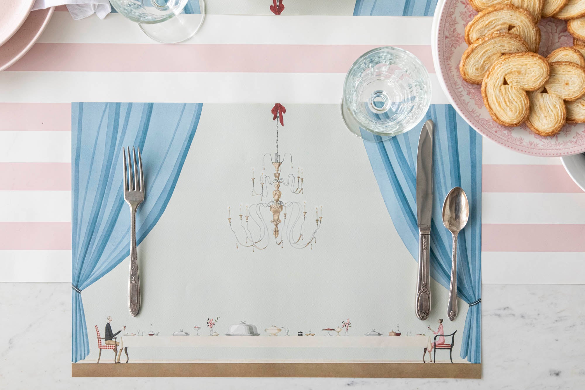 Table for Two Placemat with vintage silverware on top and Pink Classic Stripe Runner underneath.