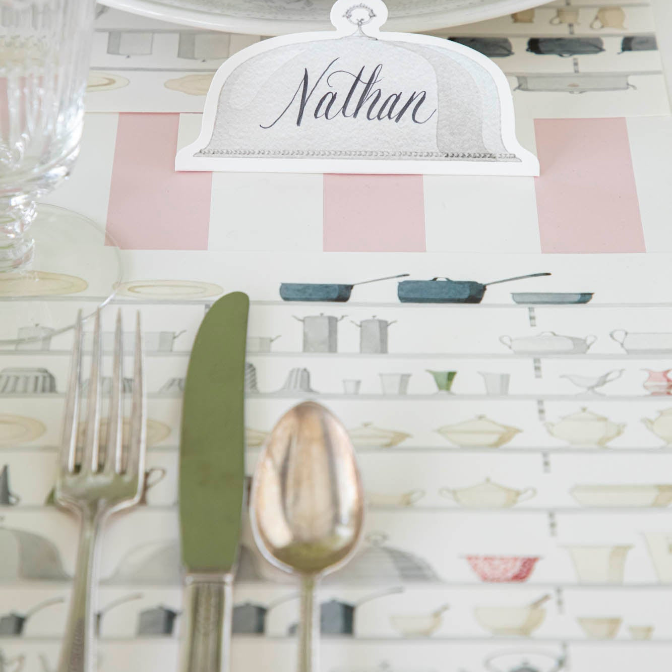 Serving Dome Place Card with &quot;Nathan&quot; written on it, sitting behind the Butler&