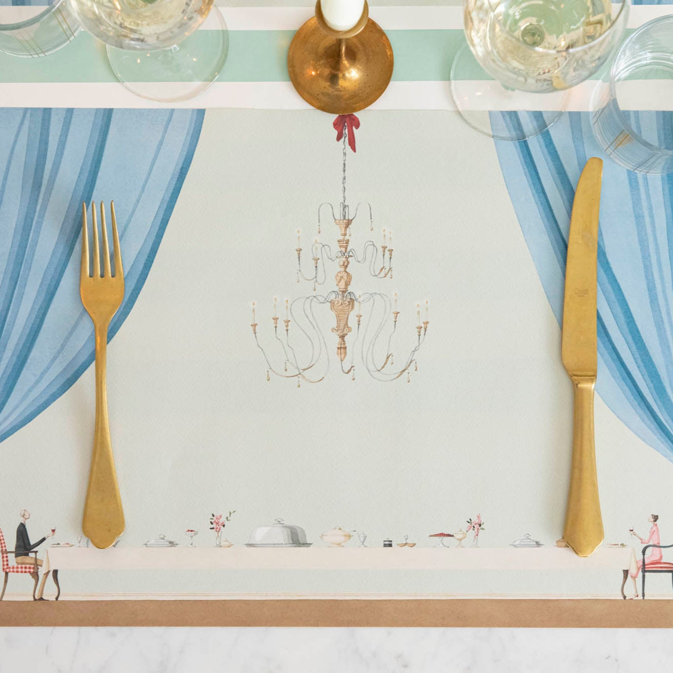 Table for Two Placemat with gold flatware on top and Seafoam Classic Stripe Runner underneath.