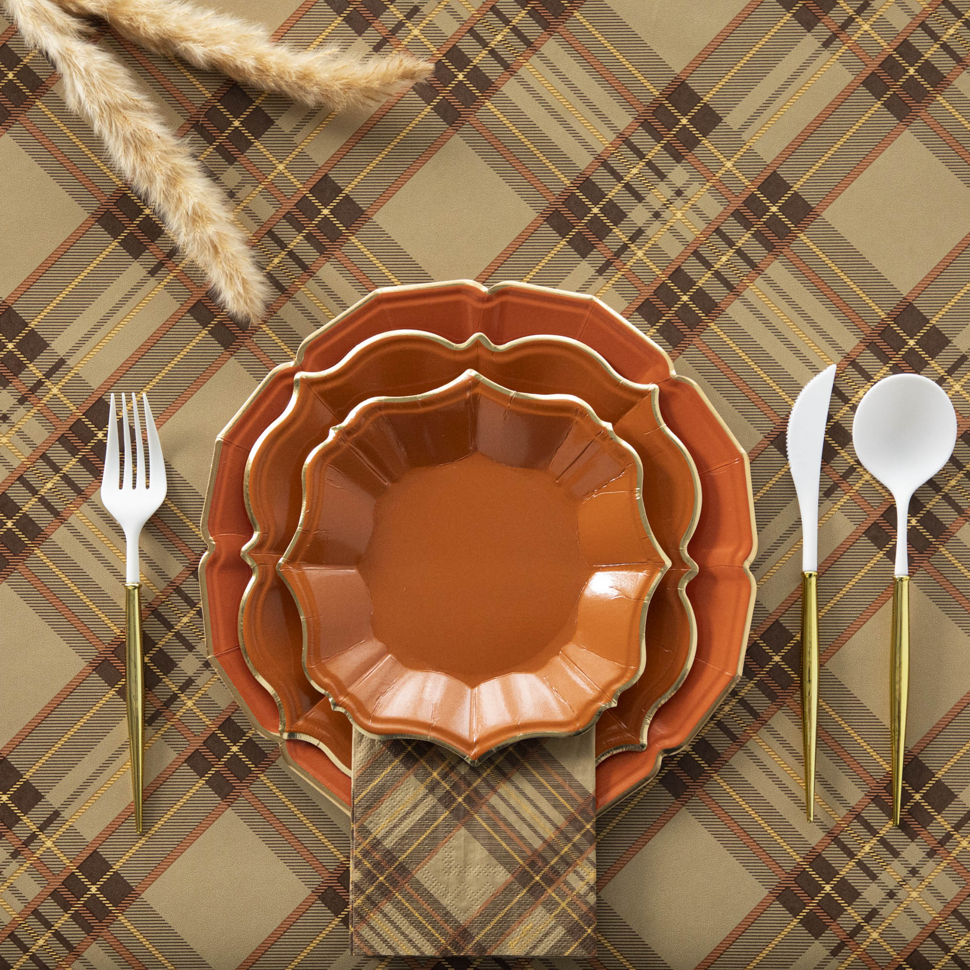 Terracotta Scalloped Plates with Gold Rim