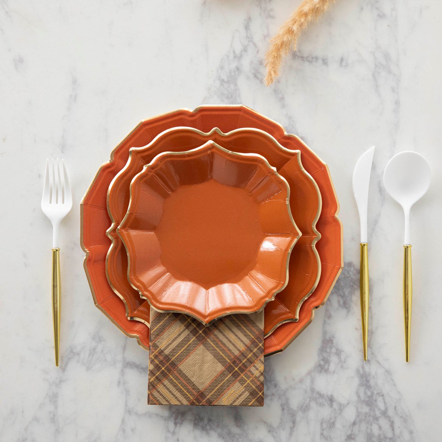 Terracotta Scalloped Plates with Gold Rim