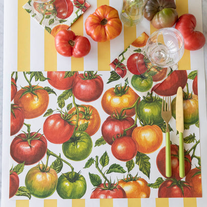 A summery table setting with the Tomato Vine Placemat on the Marigold Classic Stripe Runner.