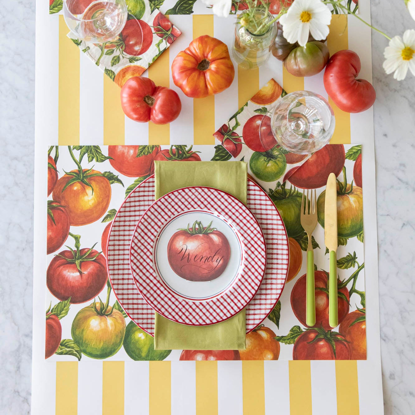 A summery table setting with the Tomato Vine Placemat on the Marigold Classic Stripe Runner.