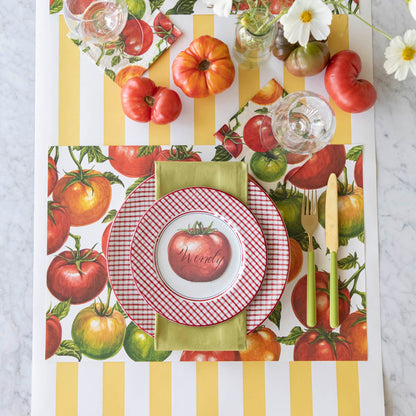 A summery table setting with the Tomato Vine Placemat on the Marigold Classic Stripe Runner.