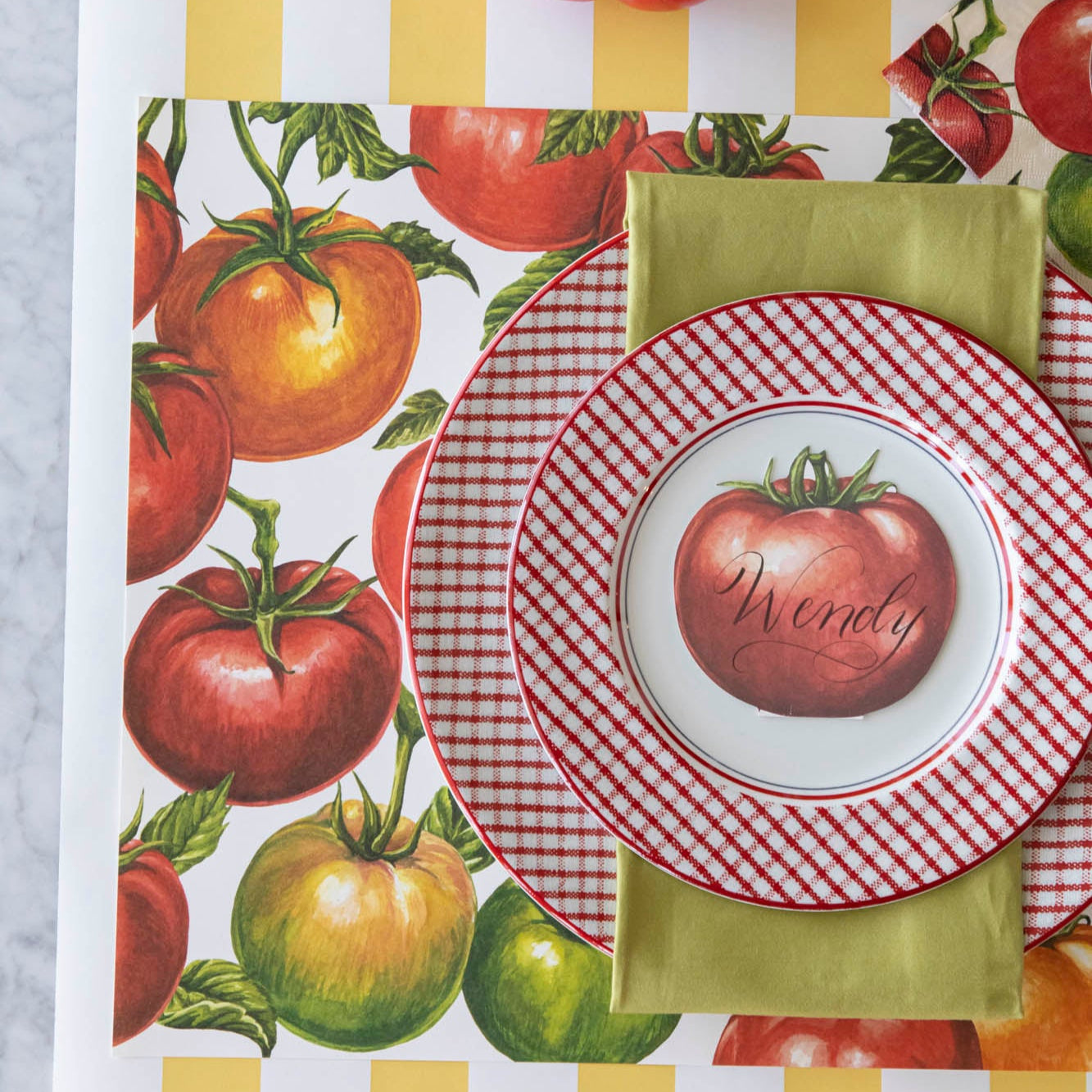 A summery table setting with the Tomato Vine Placemat on the Marigold Classic Stripe Runner.