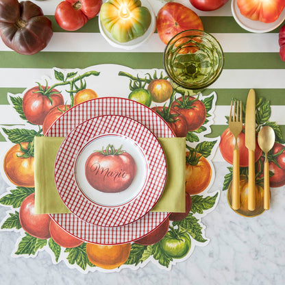 Die-cut Tomato Placemat on the Dark Green Classic Stripe Runner and summery place setting on top.