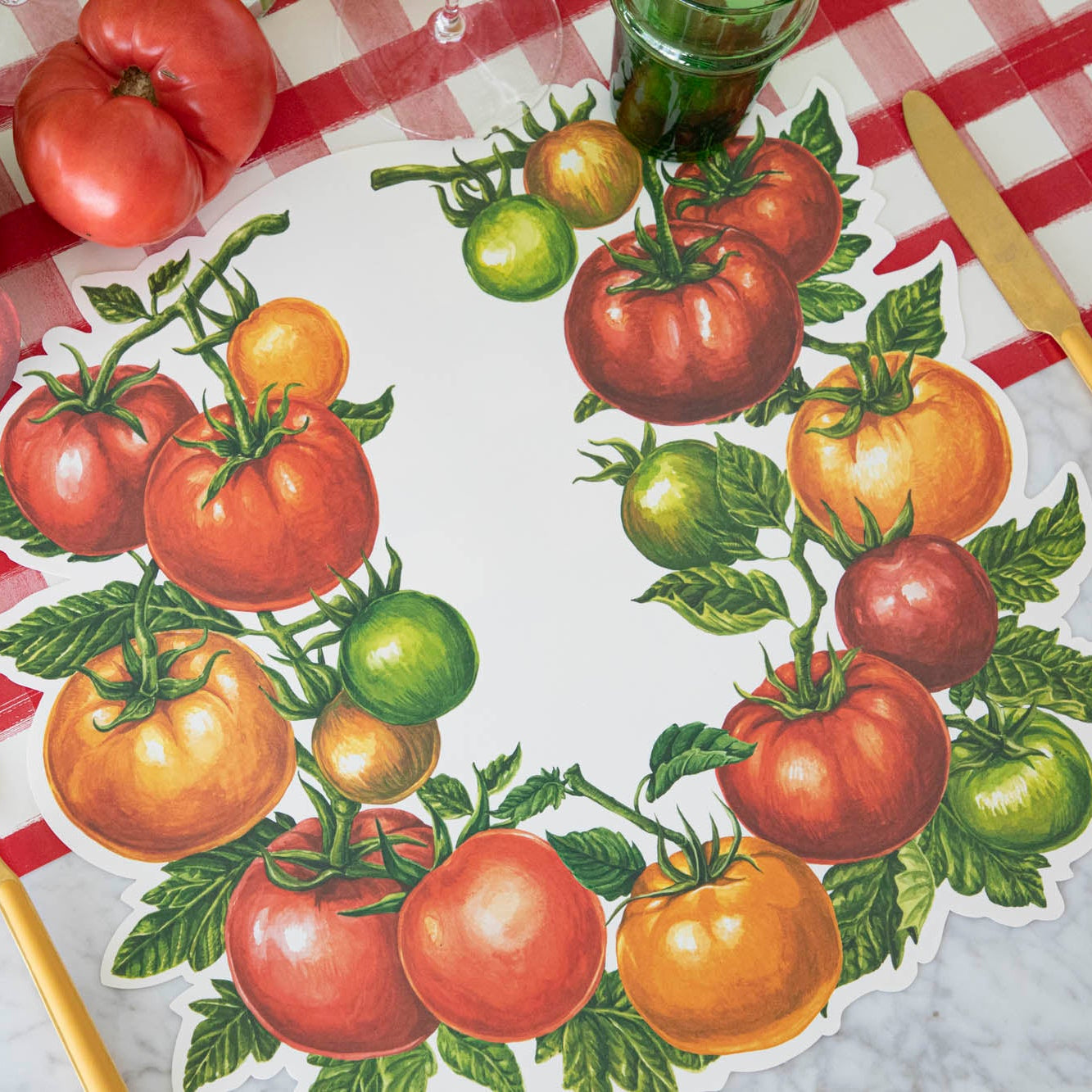 Die-cut Tomato Placemat on the Red Painted Check Runner.