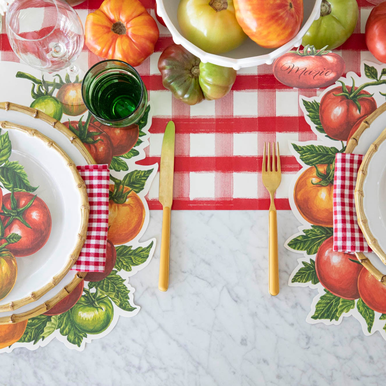 Die-cut Tomato Placemat on the Red Painted Check Runner, and summery place setting on top.