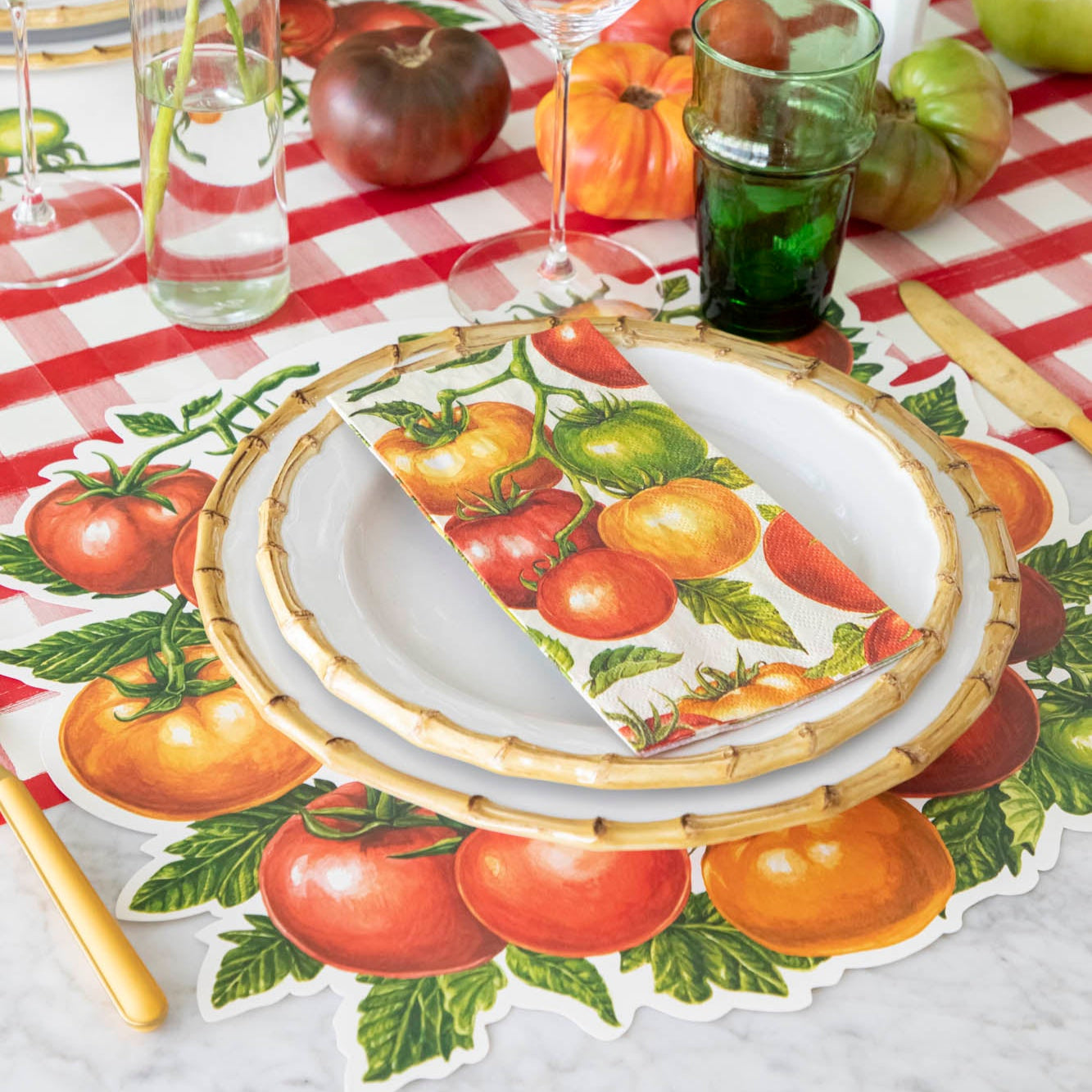 Die-cut Tomato Placemat under a summery place setting.