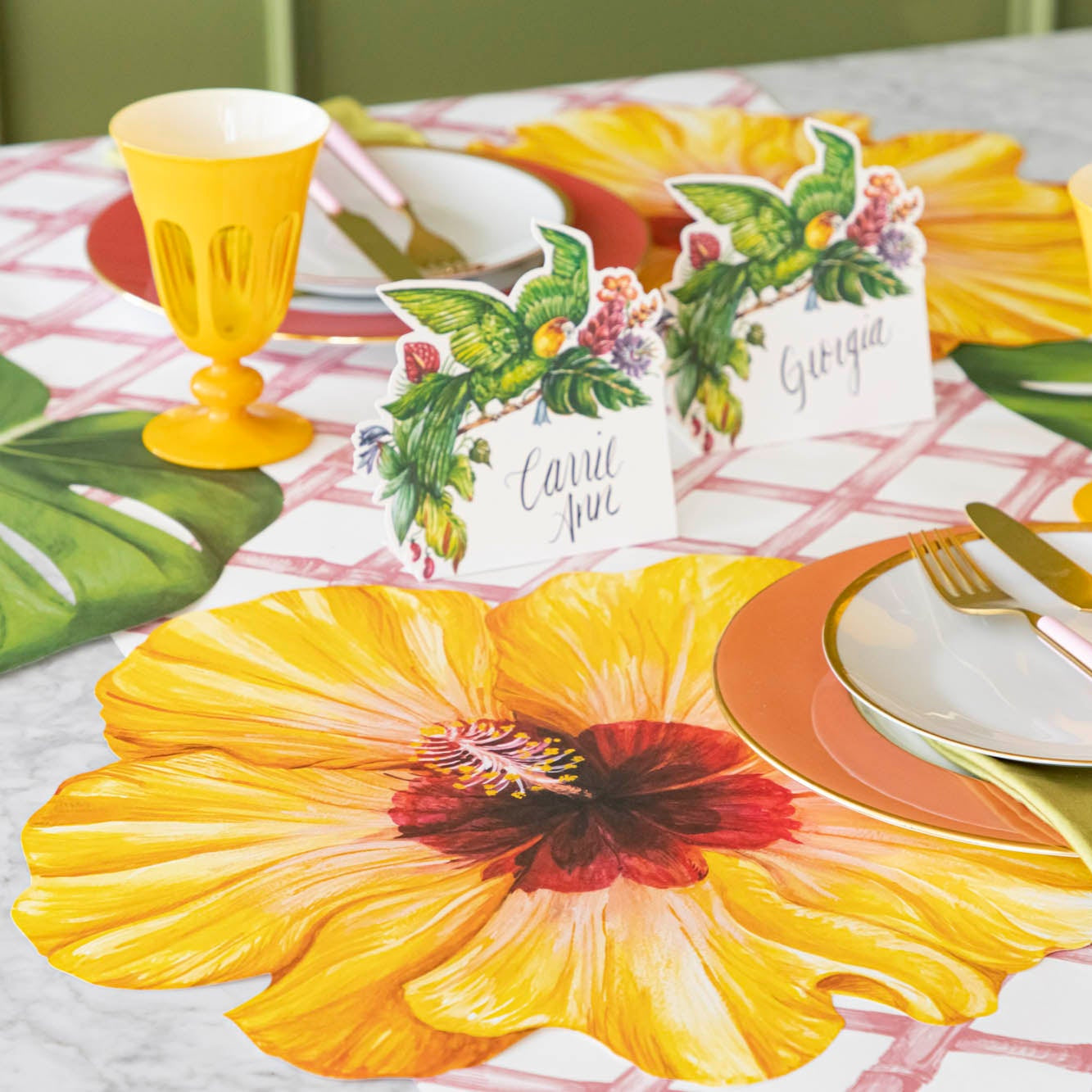 A tropical place setting with the Die-cut Hibiscus Placemat on the Pink Lattice Runner.