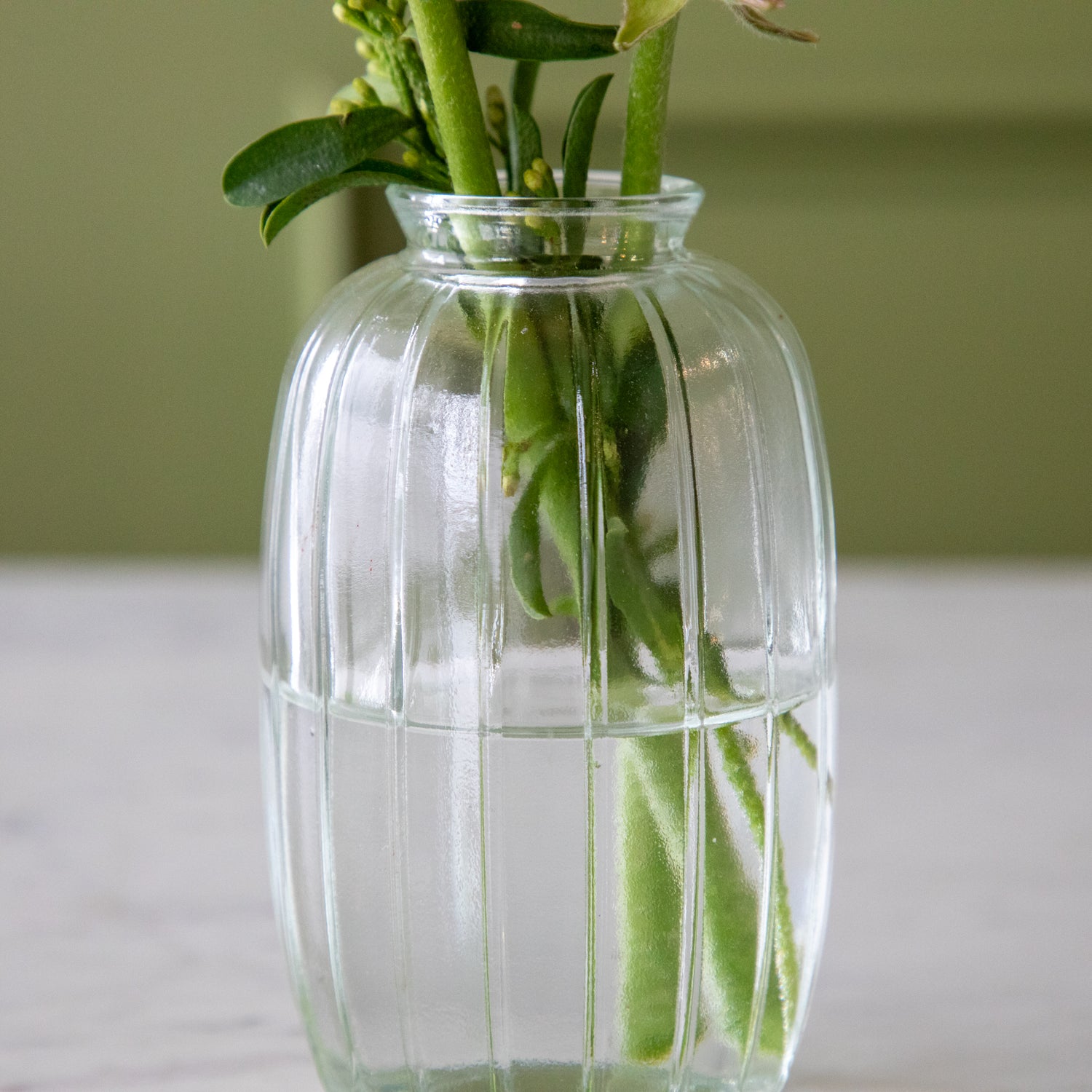 A close up of the Clear Glass Bud Vase showing the ribbed design.