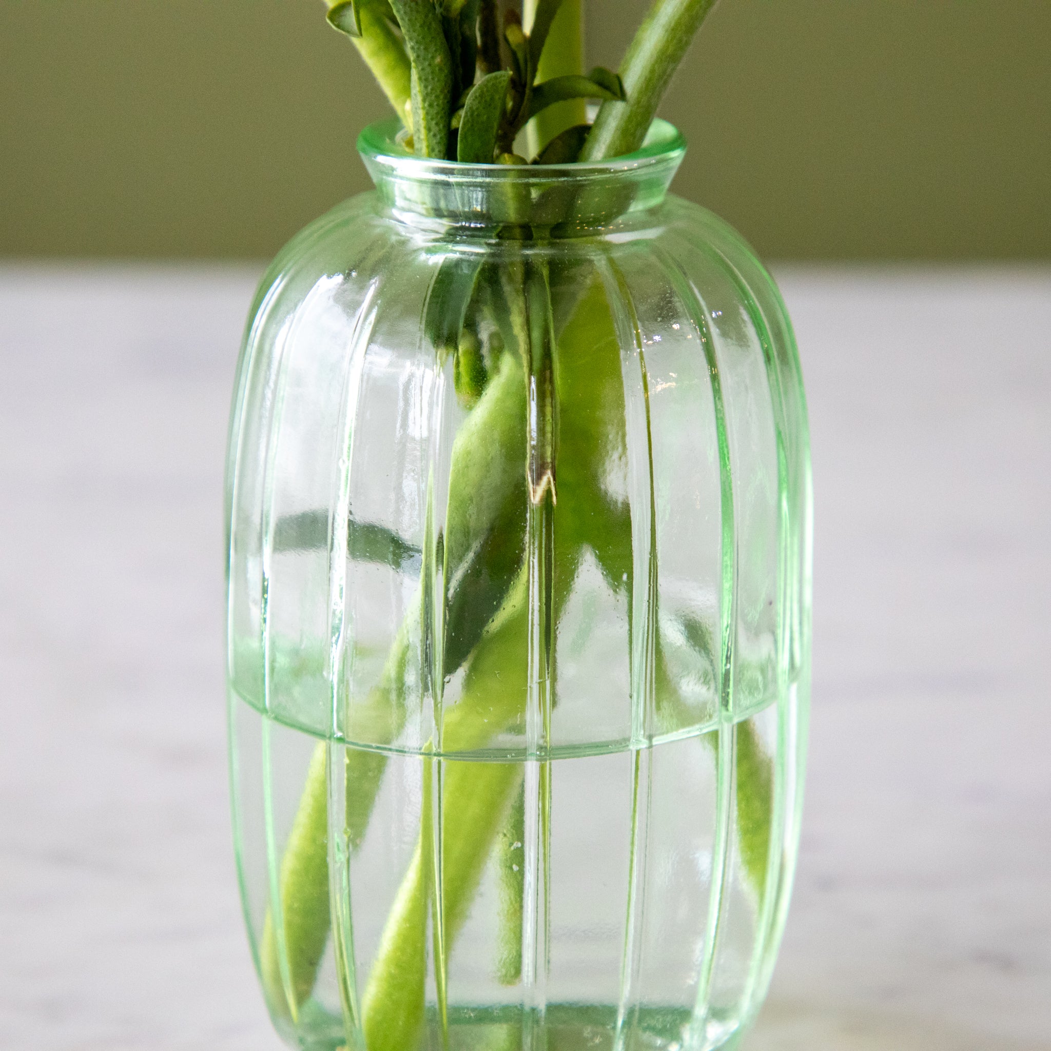 A close up of the Green Glass Bud Vase showing the ribbed design.