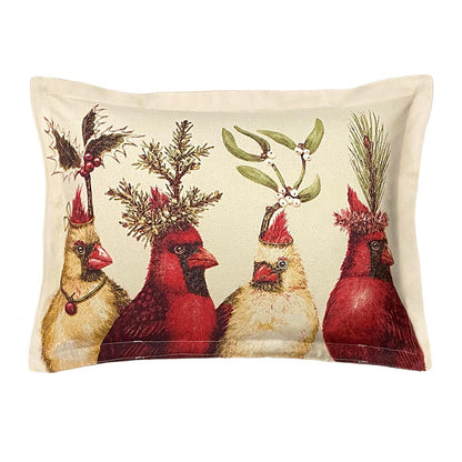 Pillow with image from artwork by Vicki Sawyer which is 4 cardinals wearing various hats made of greenery