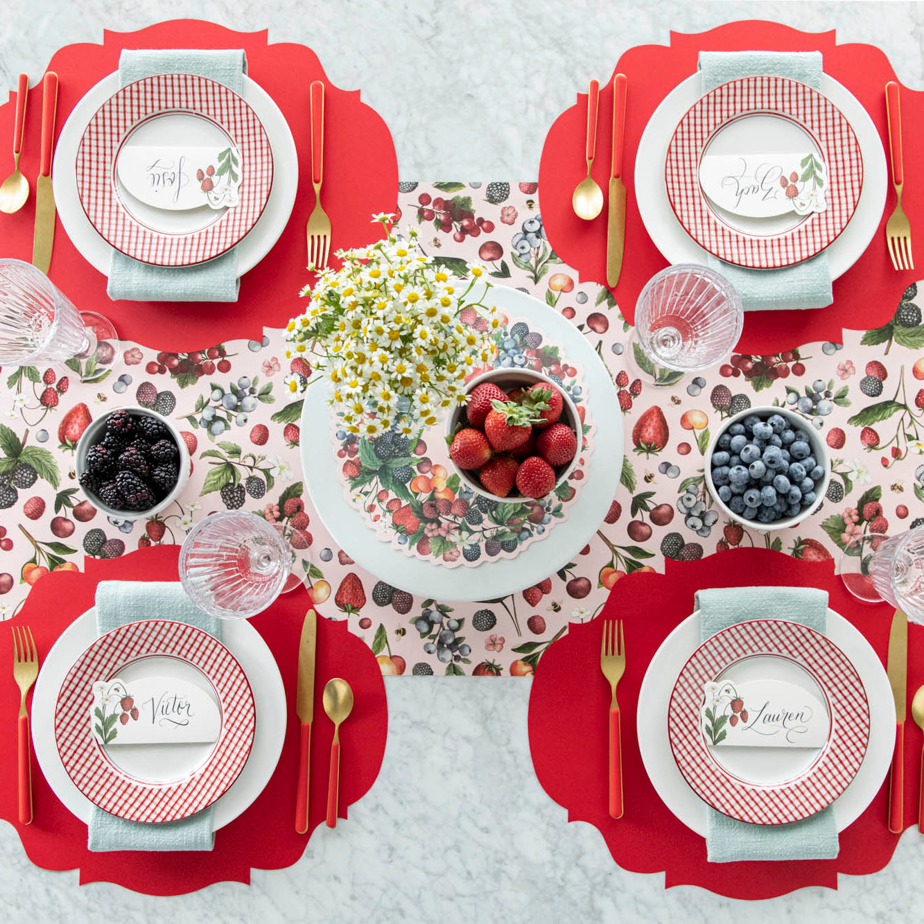 Wild Berry Runner under a summery table setting for four.