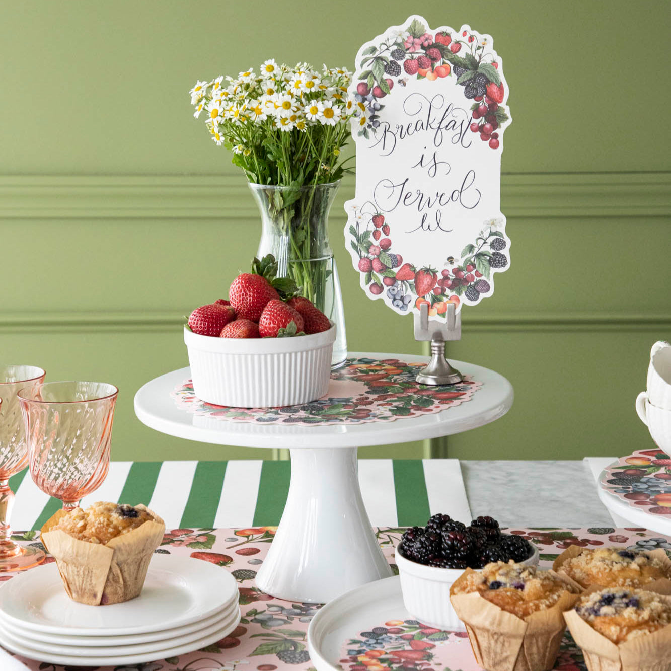 Berry Bramble Table Accent with &quot;Breakfast is Served&quot; written in script, held by the Chrome Place Card Holder on a summery table setting.