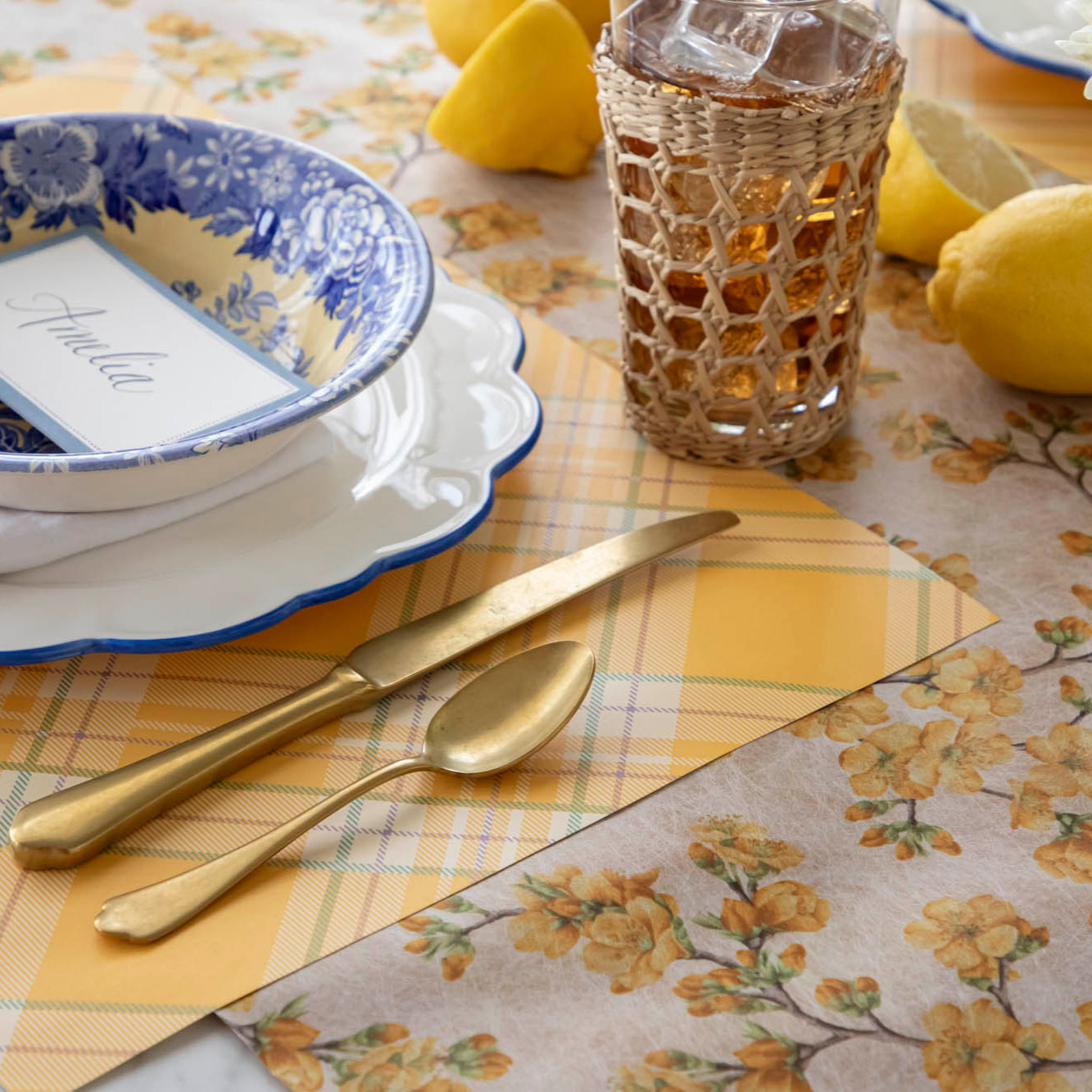 Marigold Cherry Blossom Runner under a bright and floral table setting.