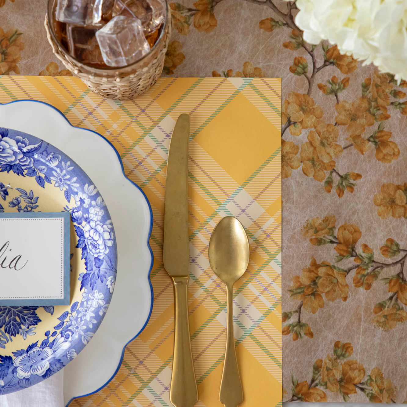 Marigold Cherry Blossom Runner under a bright and place setting.