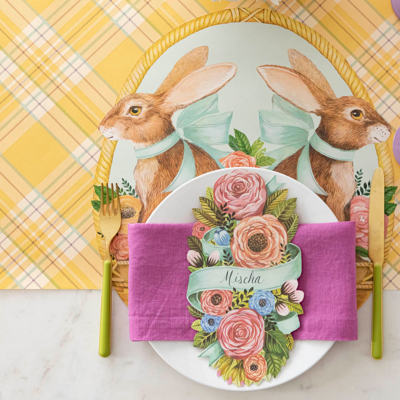 Yellow Plaid Runner under an Easter themed place setting for one.