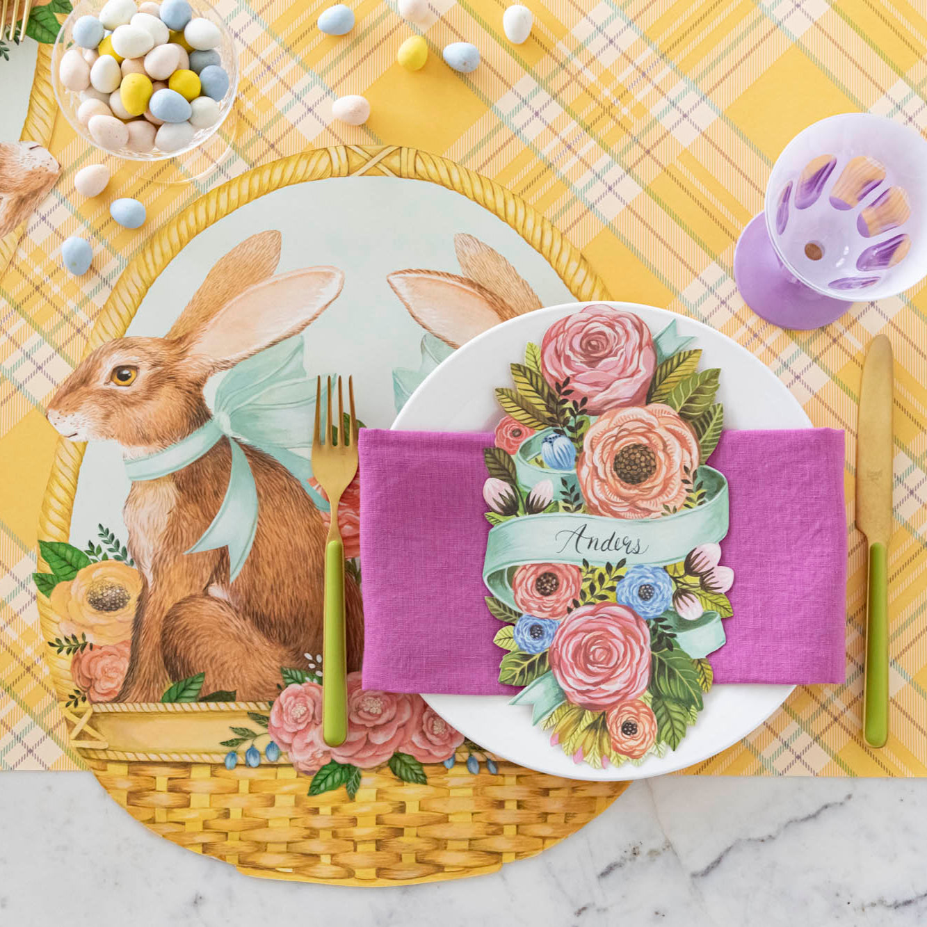 Die-cut Bunny Basket Placemat under a spring place setting.