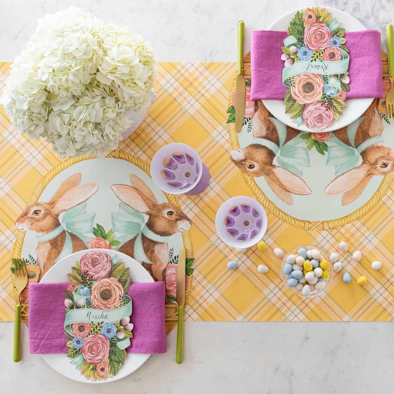 Yellow Plaid Runner under an Easter and spring themed table setting for three.