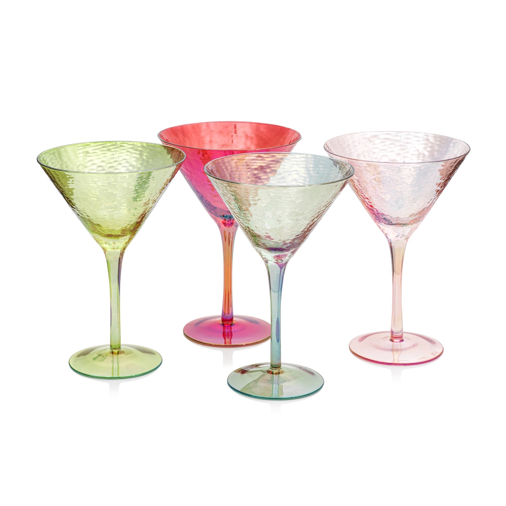 Four stylish Luster Aperitivo Martini Glasses in Zodax with sugar rims on a white stand against a marble background.